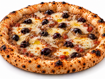 Pizza mit gerösteten Auberginen und schwarzen Oliven (Premium)