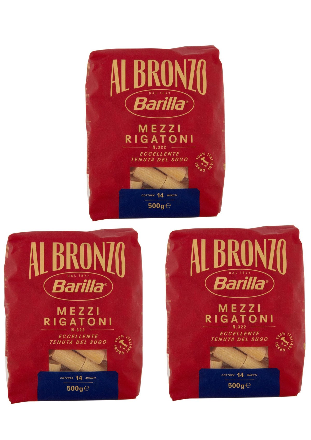 Barilla Al Bronzo Mezzi Rigatoni (3 x 500g) – Pasta aus der Emilia-Romagna – italienisch Original