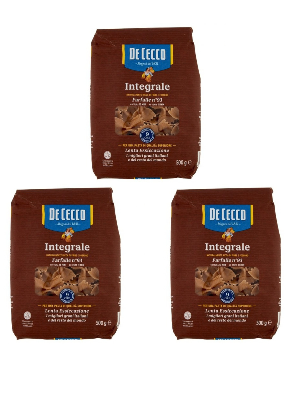 De Cecco Integrale Farfalle N° 93 (3er-Pack / 3 x 500g) – Vollkorn-Pasta aus den Abruzzen – italienisch Original