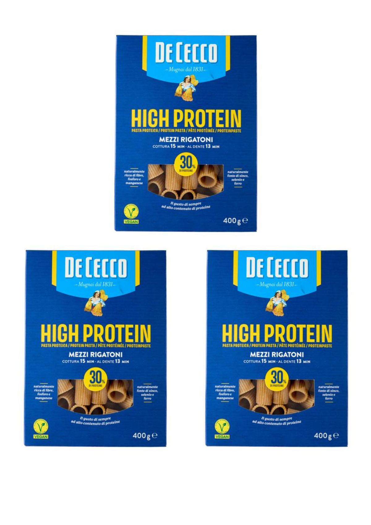 De Cecco High Protein Mezzi Rigatoni N° 26 (3er-Pack / 3 x 400g) – Protein-Pasta mit 30 % Eiweiß aus Italien – italienisch Original