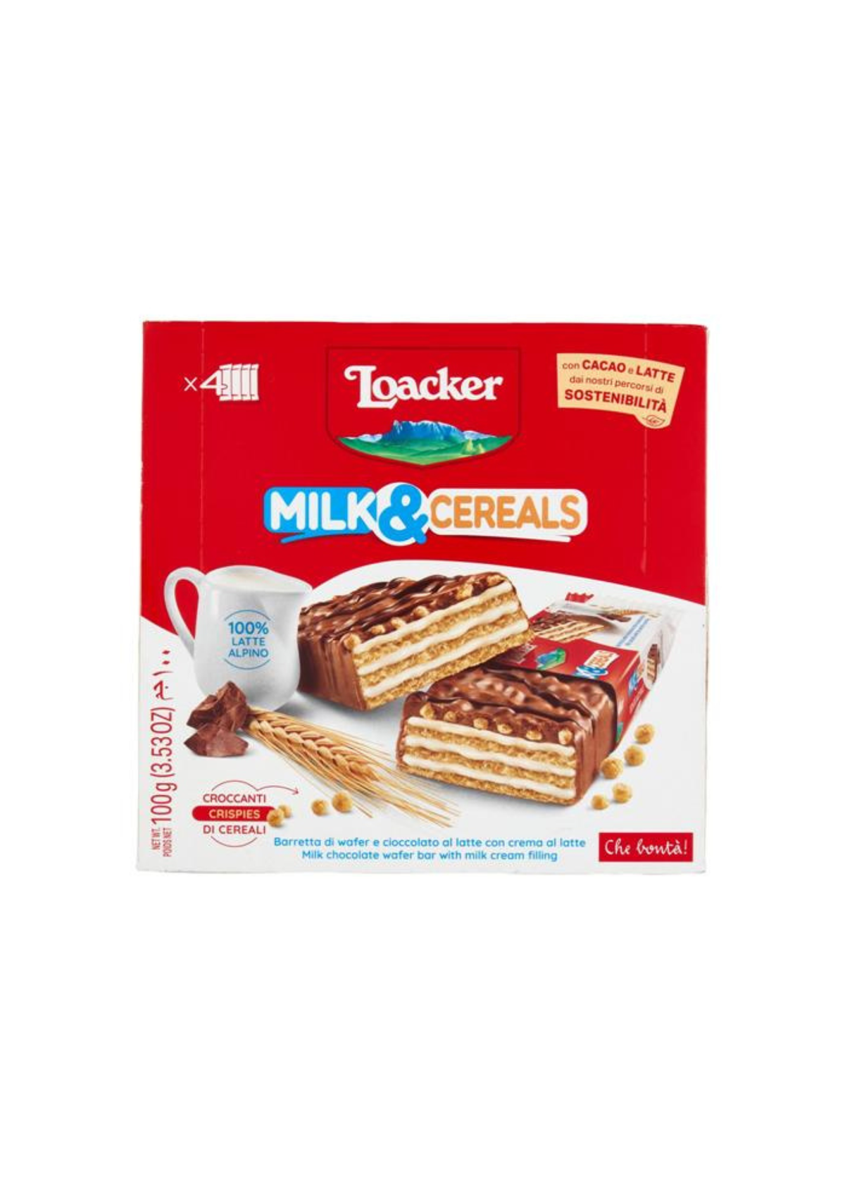 Loacker Milk & Cereals – Knusprige Waffel mit Milchcreme, Milchschokolade und Cerealien-Crispies (4er-Pack) – 4 × 25 g
