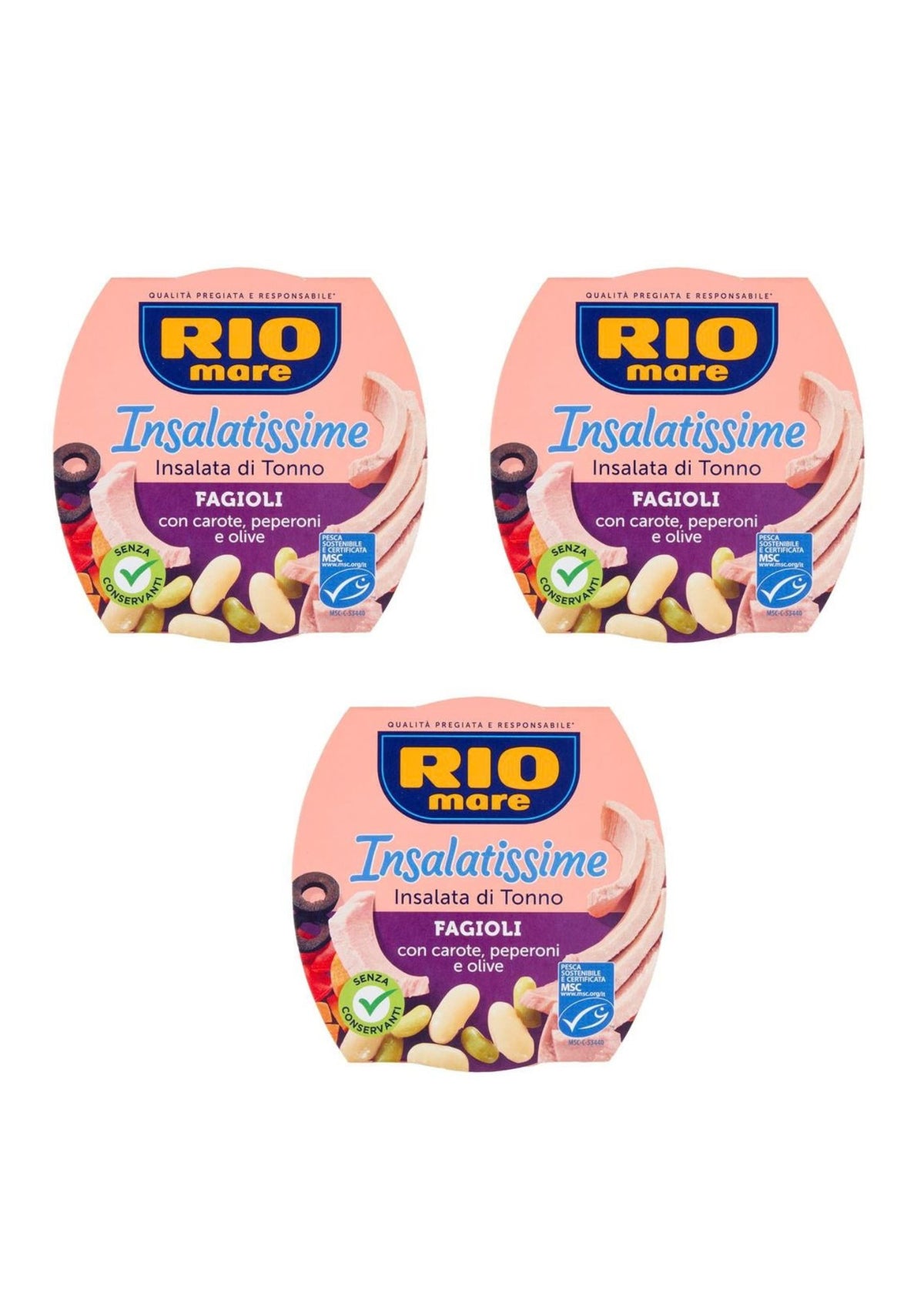Rio Mare Thunfischsalat mit weißen Bohnen, grünen Bohnen, Karotten, Paprika und schwarzen Oliven – italienisch Original – 3er-pack -3x160 g