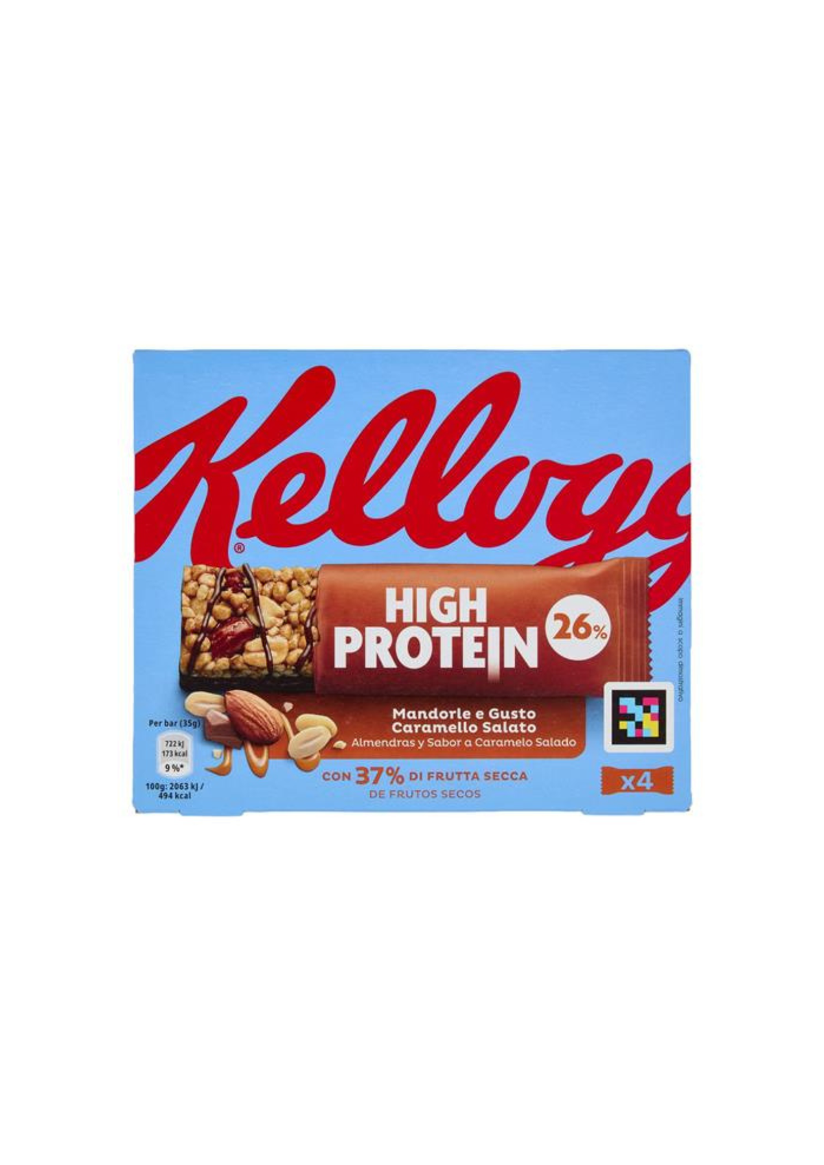Kellogg's High Protein 26% – Riegel mit Erdnüssen, Mandeln und Milchschokolade mit gesalzenem Karamellgeschmack (4er-Pack) – 4 × 35 g
