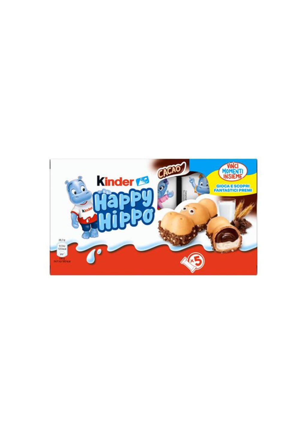 Kinder Happy Hippo Nocciola – Knuspriger Haselnuss-Waffelsnack mit cremiger Milch- und Haselnussfüllung -italienisch Original-(5er-Pack) – 5 × 20,7 g