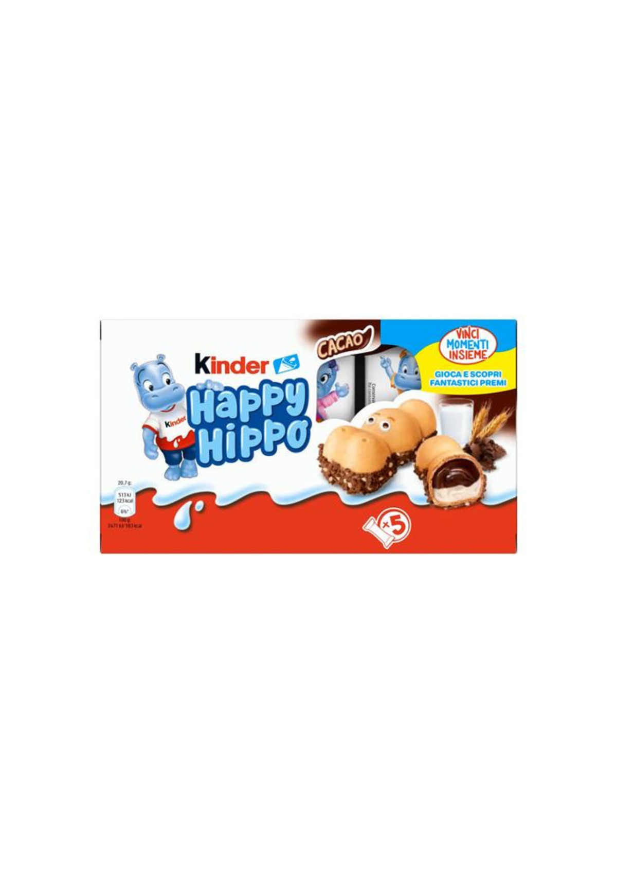 Kinder Happy Hippo Nocciola – Knuspriger Haselnuss-Waffelsnack mit cremiger Milch- und Haselnussfüllung -italienisch Original-(5er-Pack) – 5 × 20,7 g
