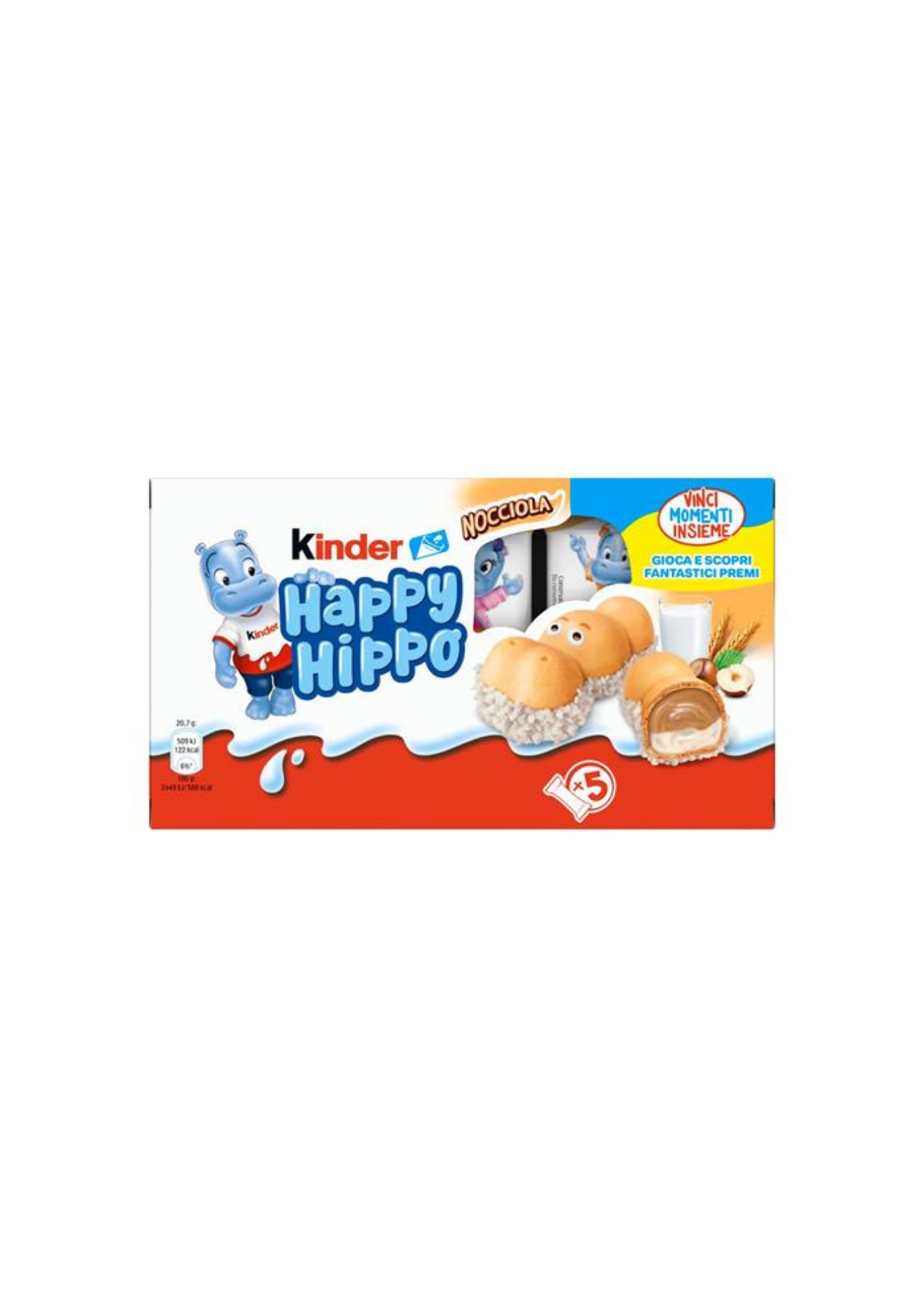 Kinder Happy Hippo Nocciola – Knuspriger Haselnuss-Waffelsnack mit cremiger Milch- und Haselnussfüllung -italienisch Original-(5er-Pack) – 5 × 20,7 g