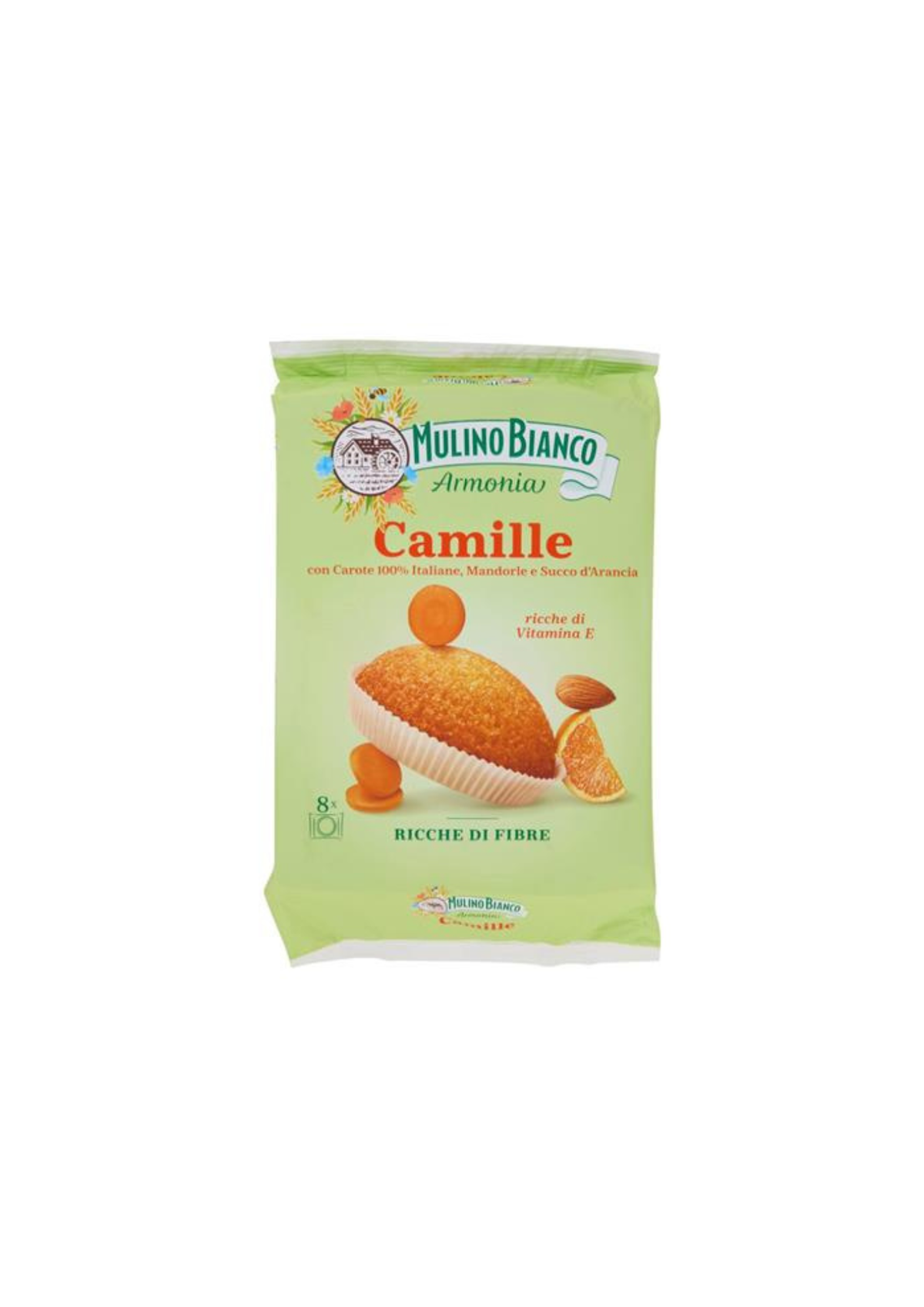 Mulino Bianco Armonia Camille – Weiche Karotten-Küchlein mit Mandeln und Orangensaft (8er-Pack) –  italienisch Original –8 × 38 g